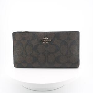 Coach C8714 Brown Black Signature Coated Canvas Zip Wallet